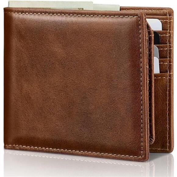 Mens Wallet Bifold Genuine Leather RFID Blocking Wallet for Men with 2 ID window - Picture 1 of 7